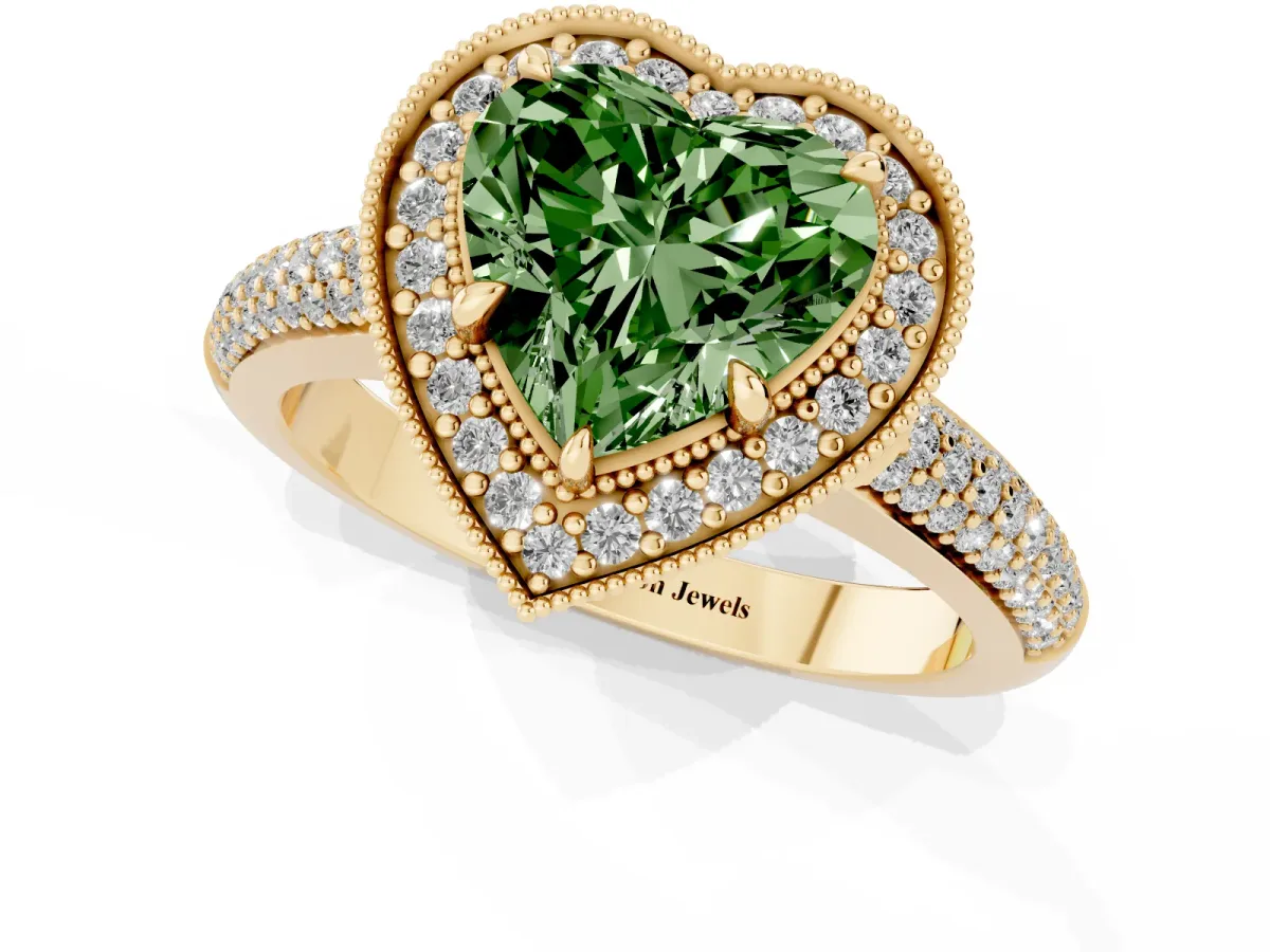 Fancy Green Heart Cut Cut Halo Diamond Pave Band with Four-Prong Setting Yellow gold