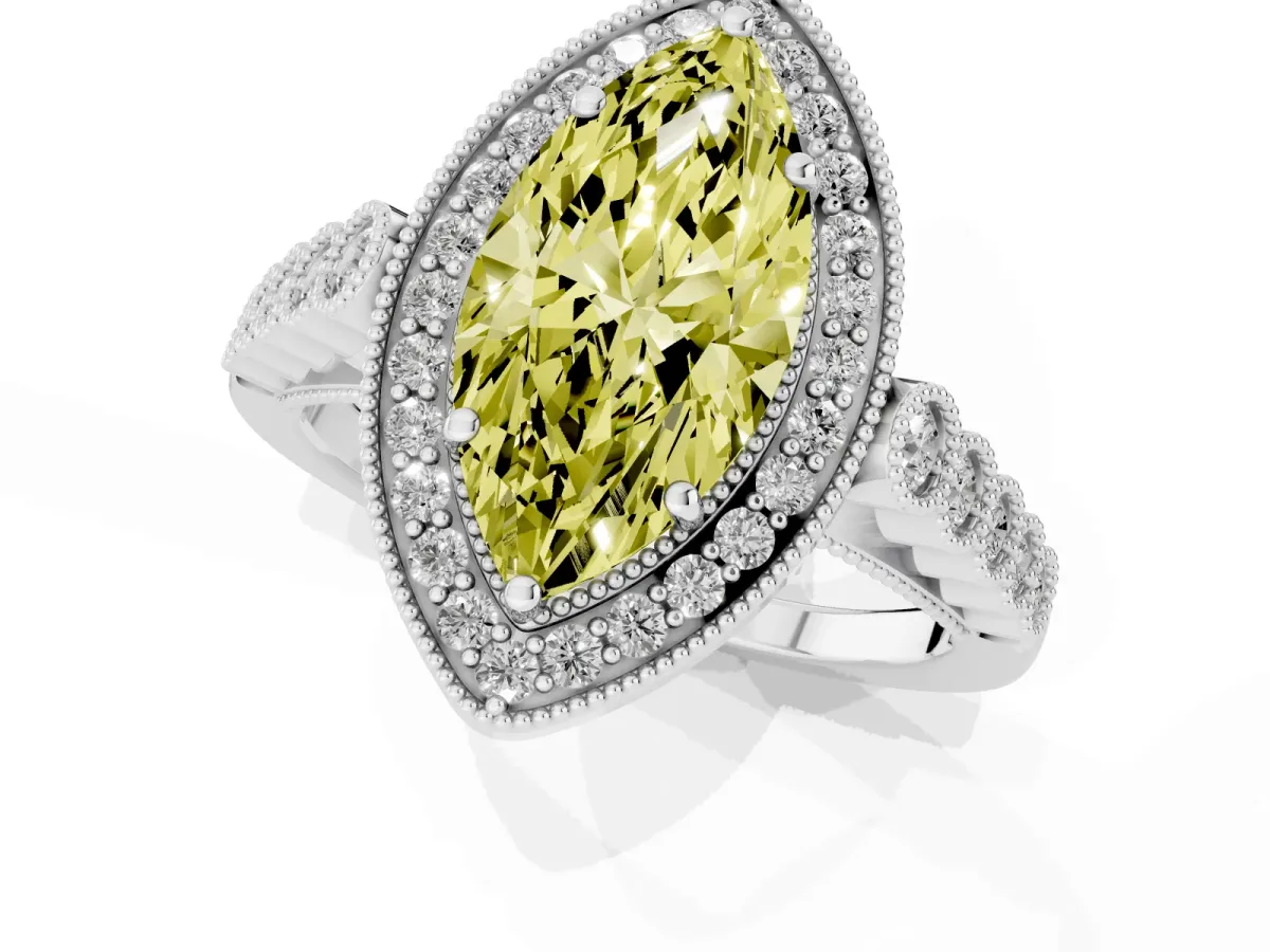 Fancy Yellow Marquise Cut Halo Milgrain Solitaire with Bezel Set Side Stones and Pave Band Silver