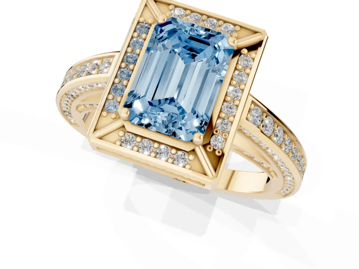 Fancy Blue Emerald Cut Cut Halo Pave Split Shank Prong Setting Ring Yellow gold