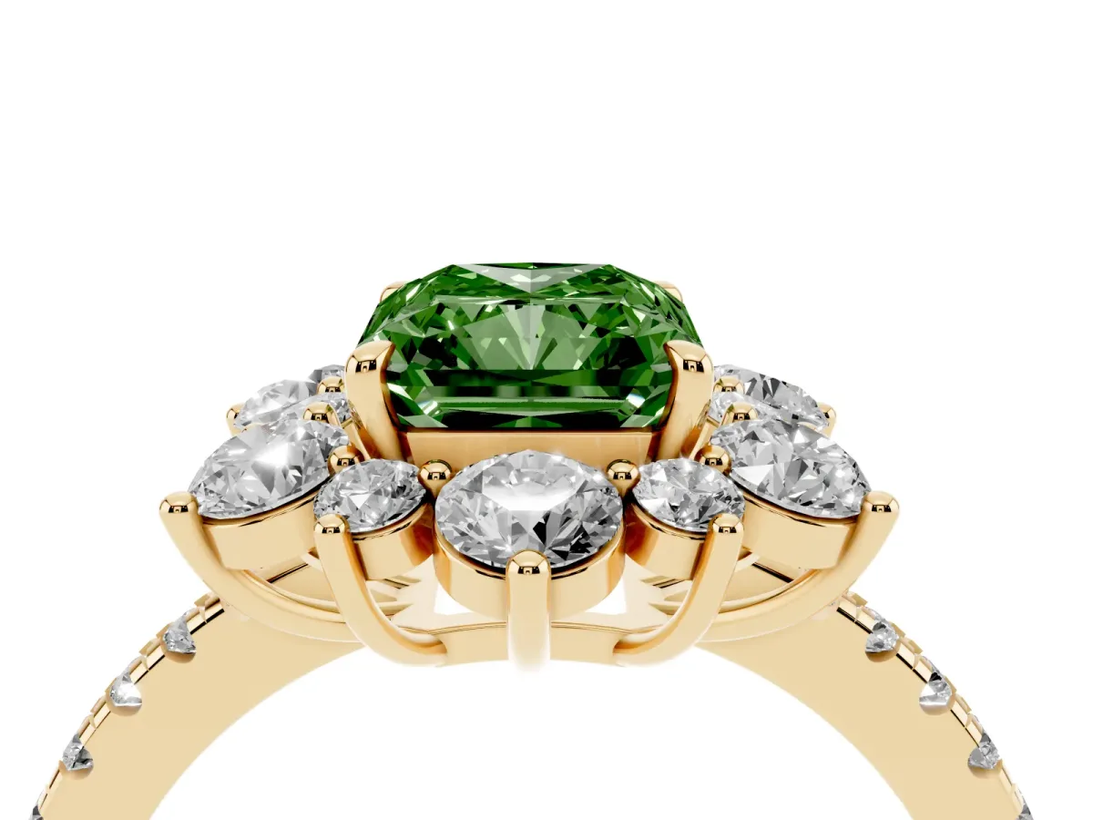 Fancy Green Radiant Cut Diamond Floral Halo Ring with Round Pavé Band and Prong Setting Yellow gold