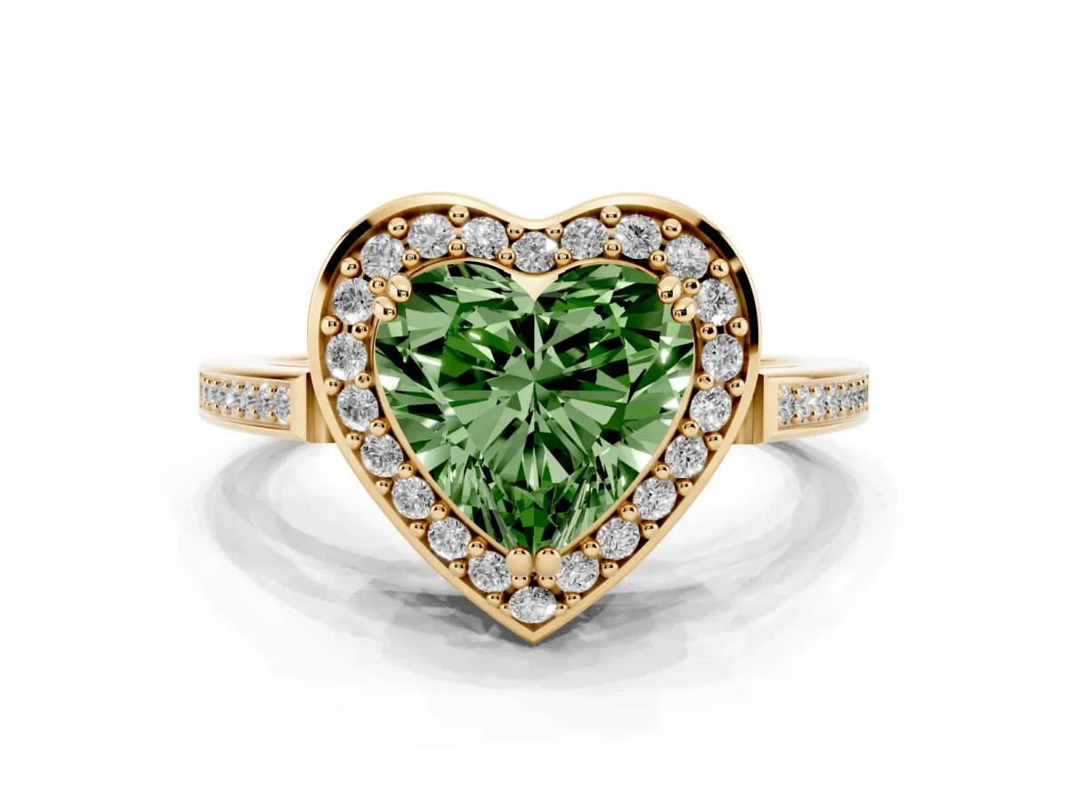 Fancy Green Heart Cut Diamond Halo Ring with Split Shank and Four-Prong Setting Yellow gold