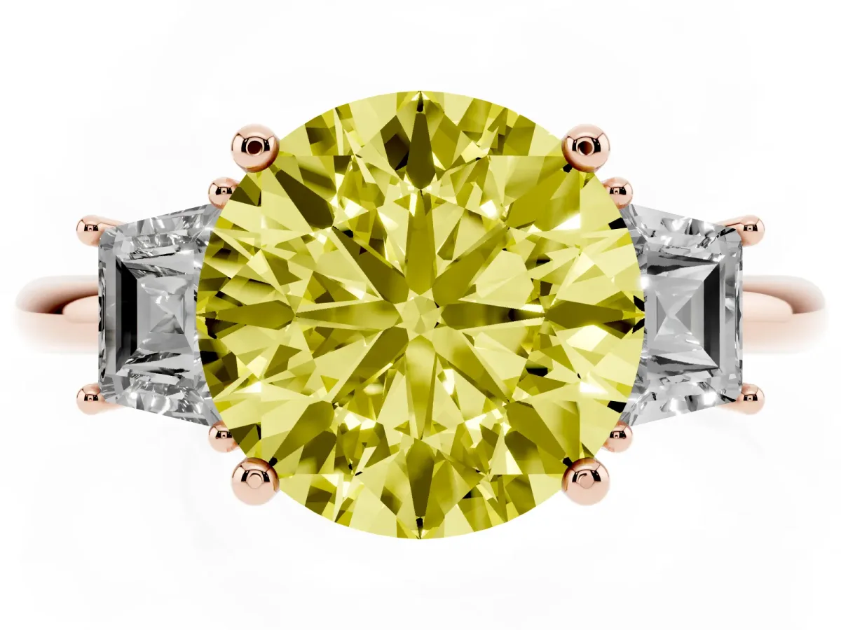Fancy Yellow Round Cut Diamond Three-Stone Ring with Trapezoid Side Stones and Prong Setting Rose gold