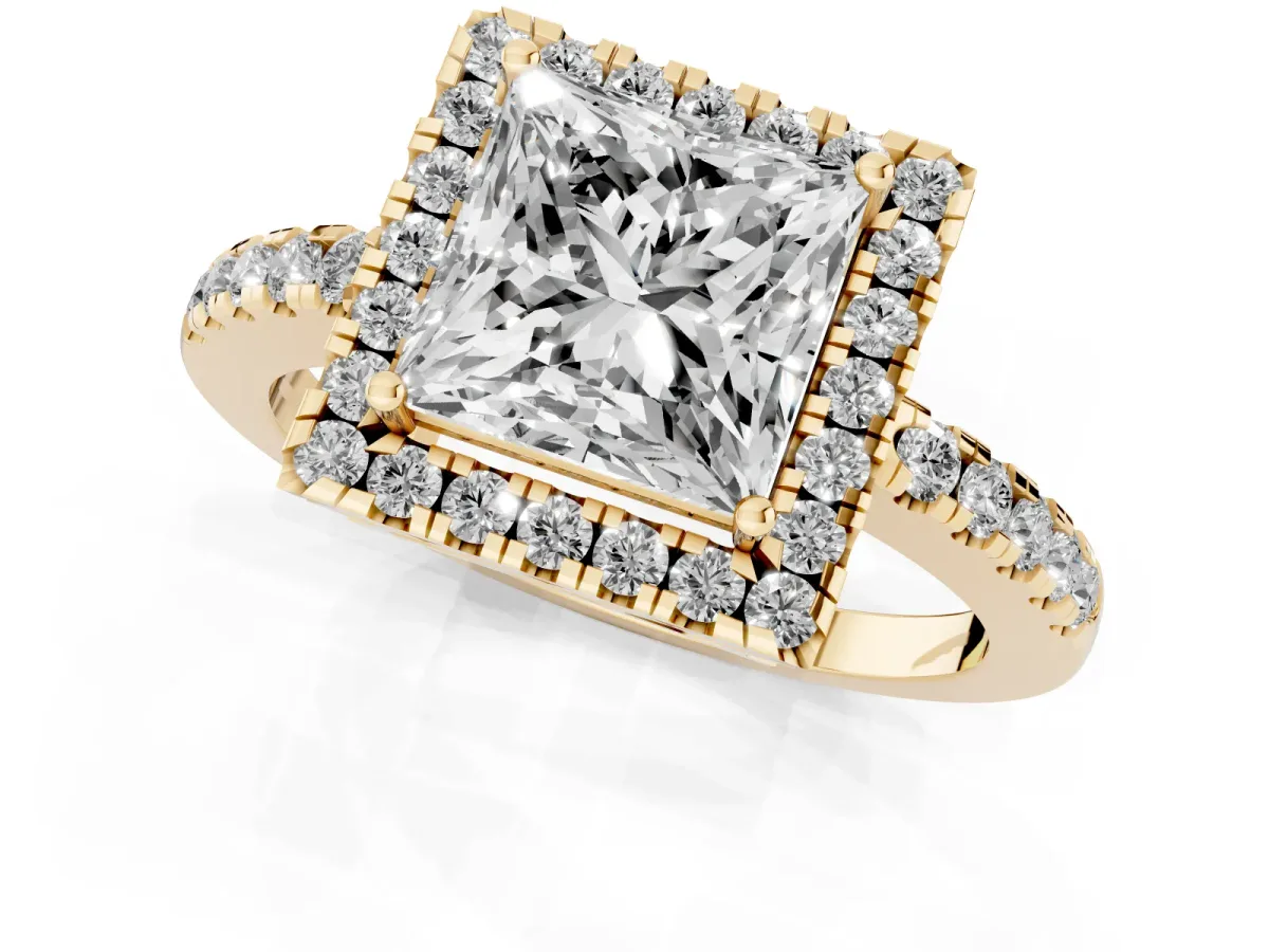 Princess Cut Halo Diamond Engagement Ring with Pavé Band and Four-Prong Setting Yellow gold