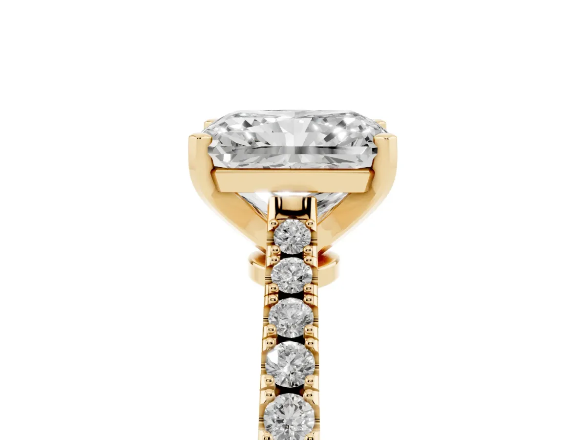 Radiant Cut Cut Solitaire Diamond Engagement Ring with Pave Band and Four-Prong Setting Yellow gold