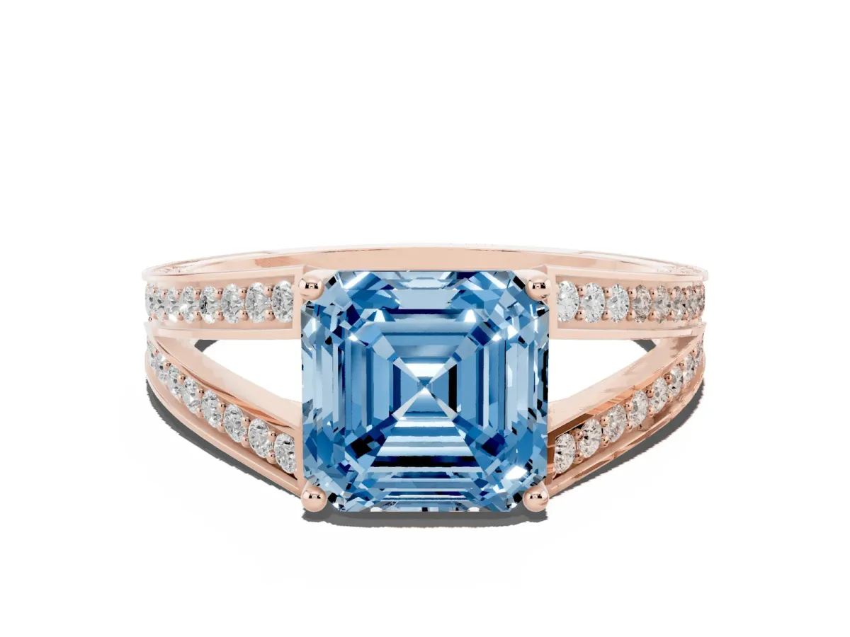 Fancy Blue Asscher Cut Diamond Split Shank Ring with Pavé Band and Four-Prong Setting Rose gold