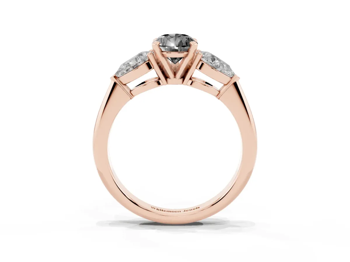 Fancy Black Three-Stone Pear Cut Diamond Ring with Pear Side Stones and Four-Prong Setting Rose gold