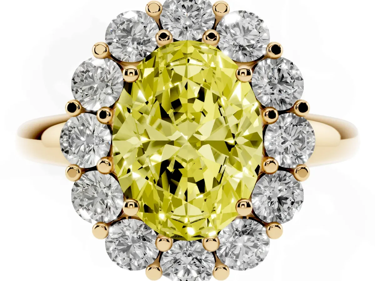 Fancy Yellow Oval Cut Halo Cluster Diamond Engagement Ring with Prong Setting and Polished Band Yellow gold