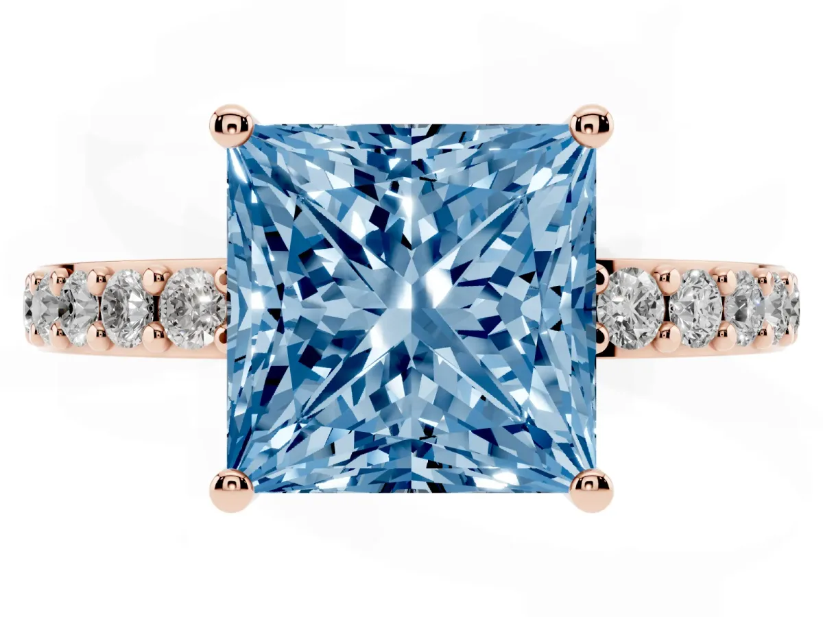Fancy Blue Princess Cut Cut Diamond Solitaire with Pave Band and Four-Prong Setting Rose gold