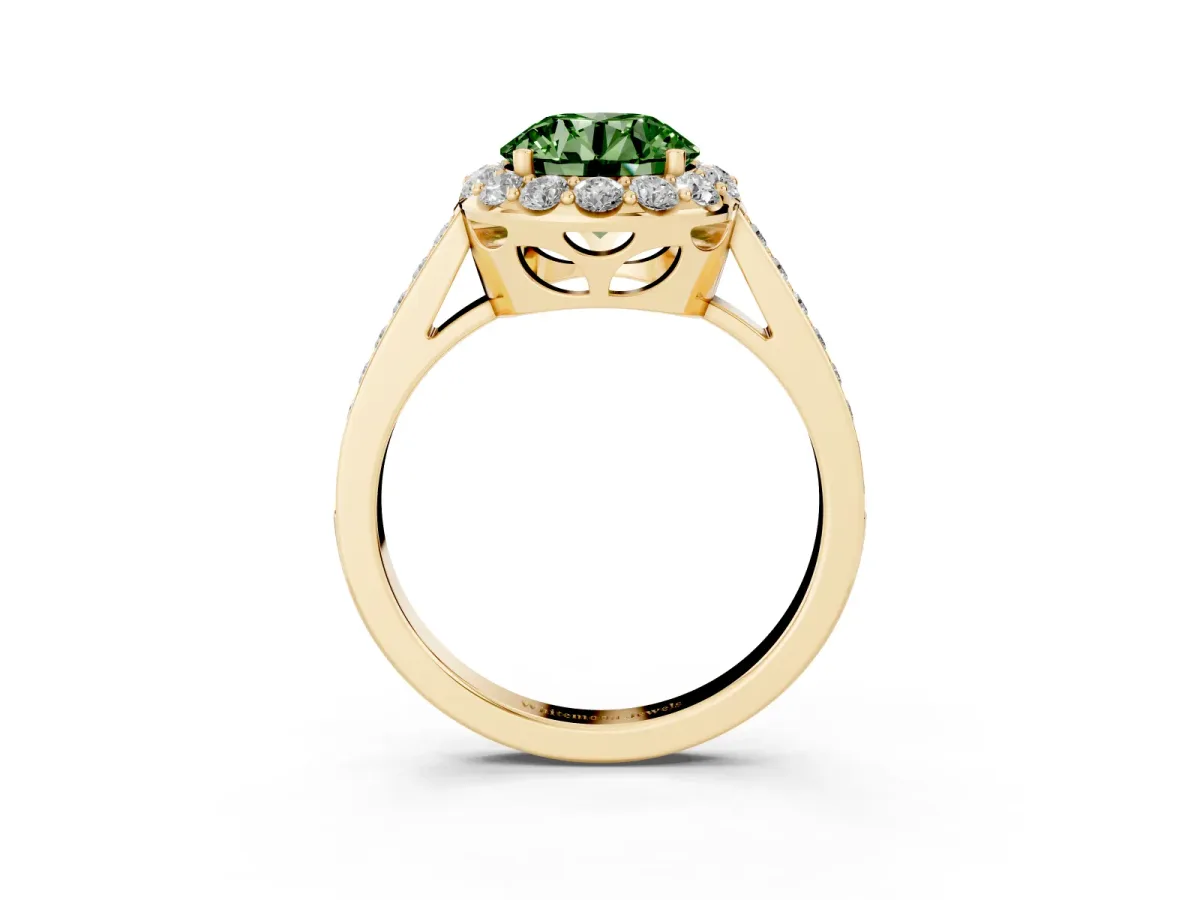 Fancy Green Round Cut Diamond Floral Halo Ring with Pavé Band and Prong Setting Yellow gold