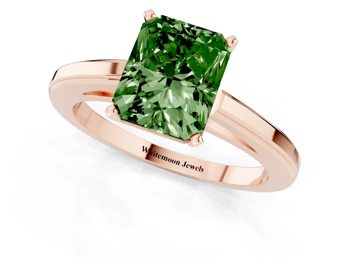 Fancy Green Radiant Cut Solitaire Diamond Ring with Four-Prong Setting and Classic Band Rose gold