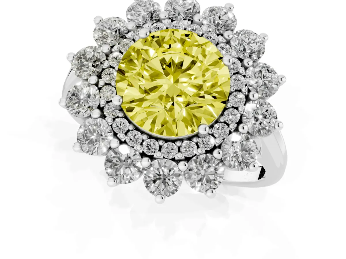 Fancy Yellow Round Cut Diamond Floral Double Halo Engagement Ring with Prong Setting Silver