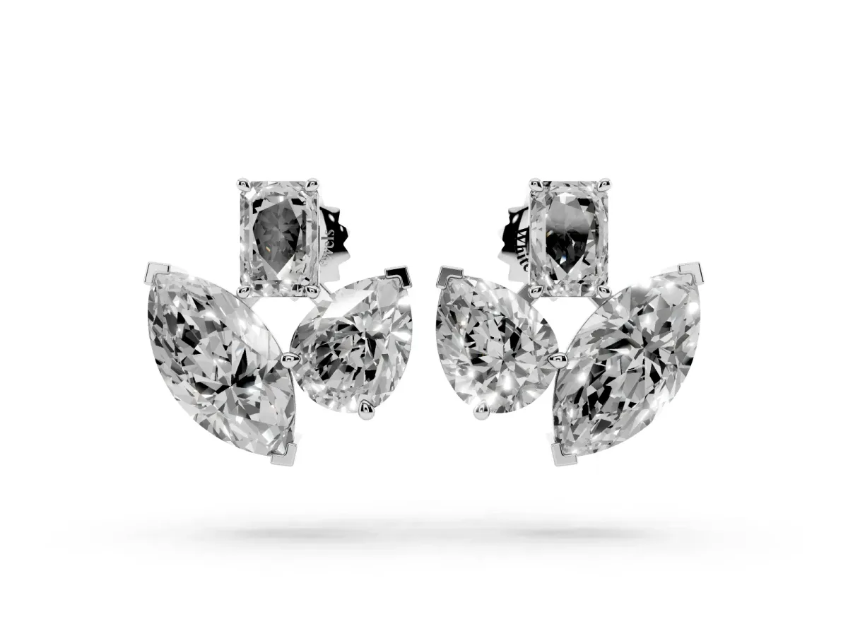 Emerald, Marquise and Pear Diamond Mosaic Three Stone Fan Earrings Platinum