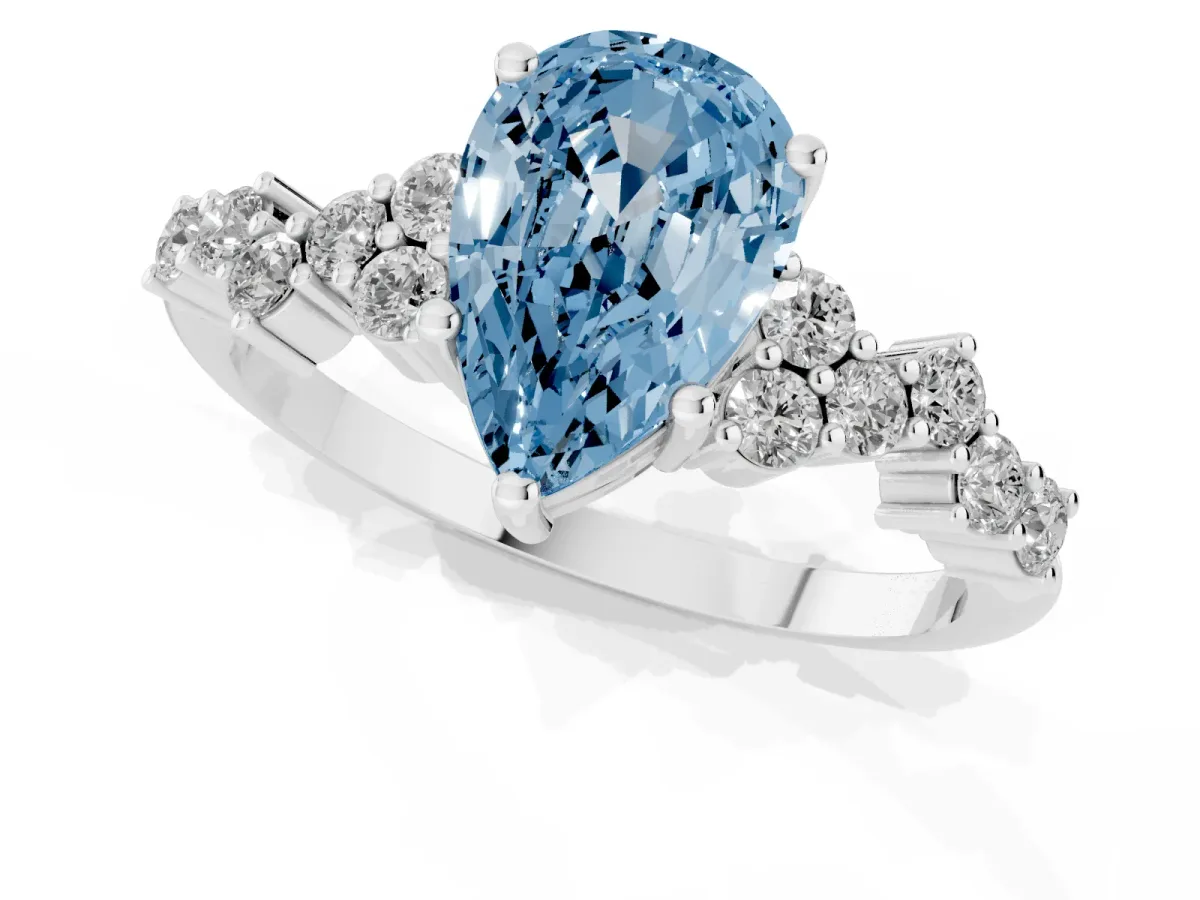 Fancy Blue Pear Cut Diamond Scattered Round Accent Ring with Prong Setting Silver