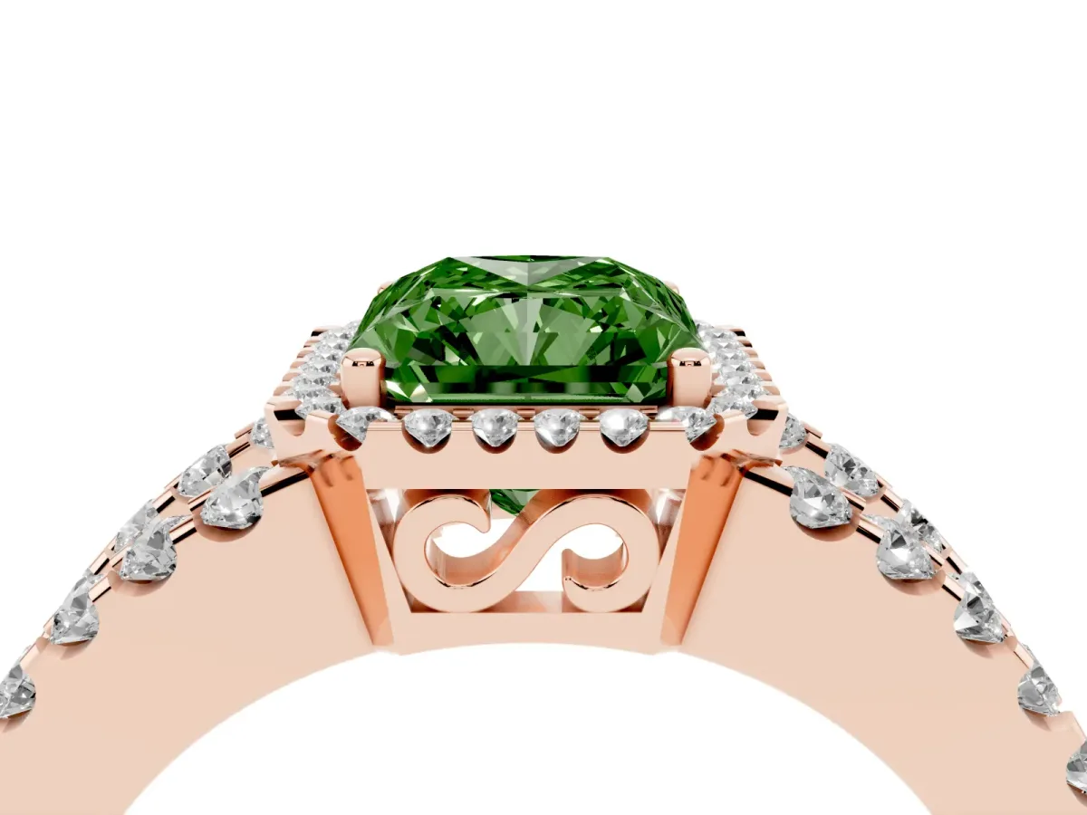 Fancy Green Radiant Cut Cut Halo Split Shank Diamond Ring with Four-Prong Setting Rose gold