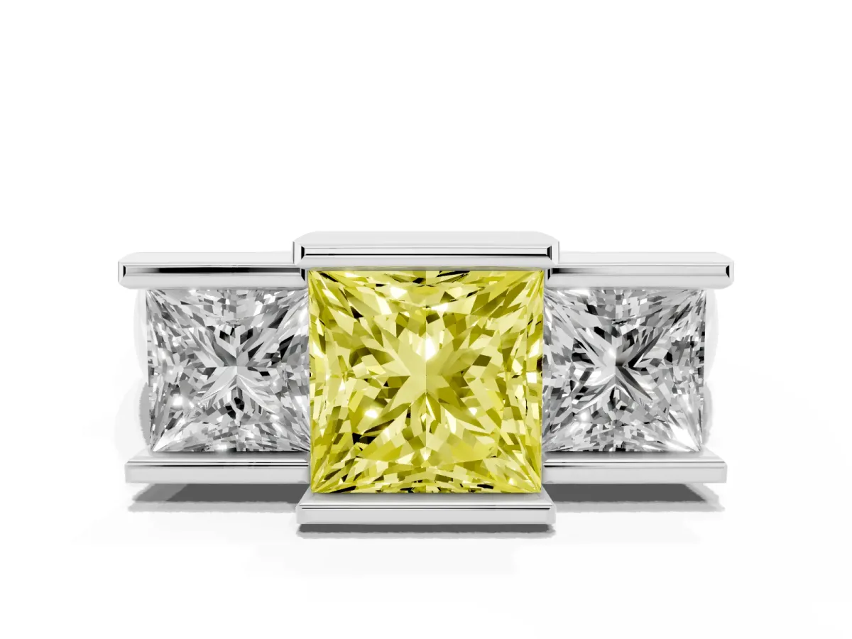 Fancy Yellow Three Stone Princess Cut Cut Channel Set Diamond Ring Silver