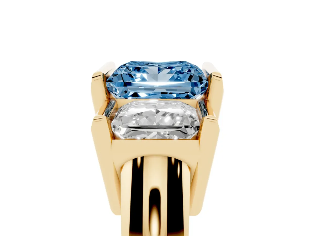 Fancy Blue Three Stone Princess Cut Cut Channel Set Diamond Ring Yellow gold