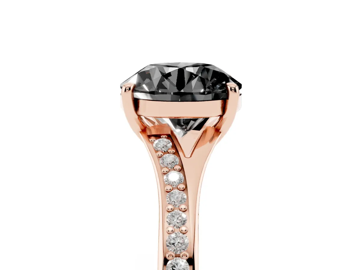 Fancy Black Round Cut Diamond Solitaire Ring with Pavé Band and Prong Setting Rose gold