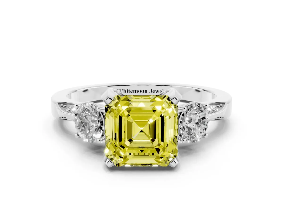 Fancy Yellow Asscher Cut Brilliant Three-Stone Diamond Ring with Pavé Band and Four-Prong Setting White gold