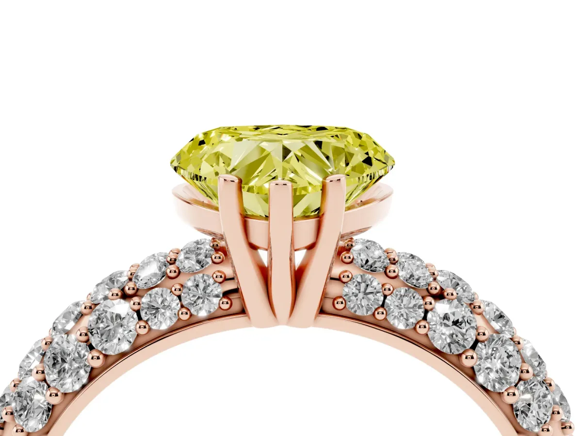 Fancy Yellow Heart Cut Diamond Pavé Band Solitaire Ring with Four-Prong Setting Rose gold