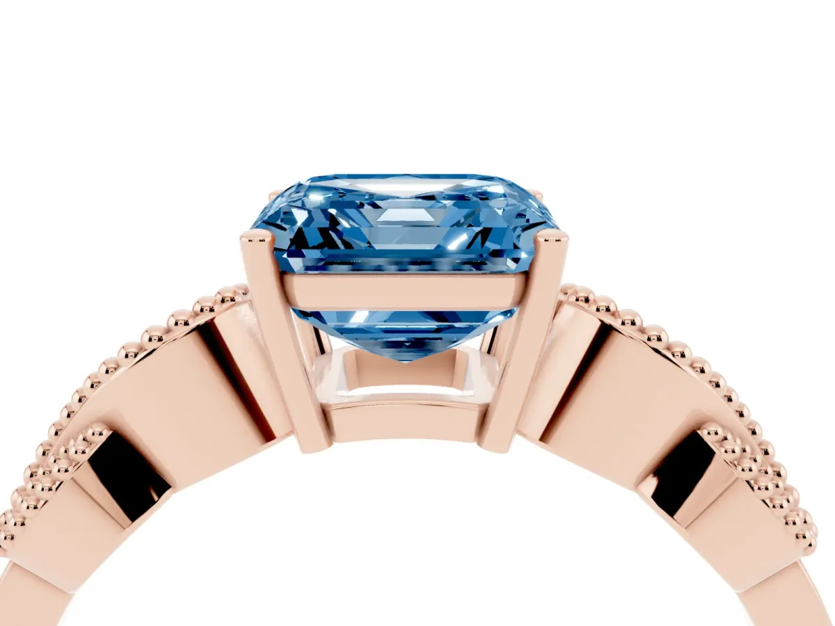 Fancy Blue Asscher Cut Solitaire Milgrain Leaf Band with Prong Setting Rose gold