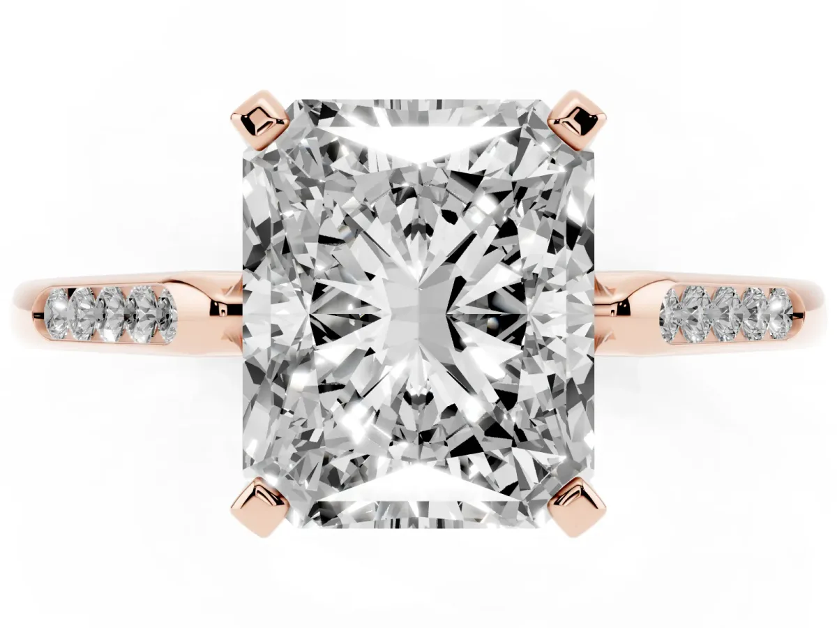 Radiant Cut Diamond Solitaire Ring with Channel Set Round Band and Prong Setting Rose gold