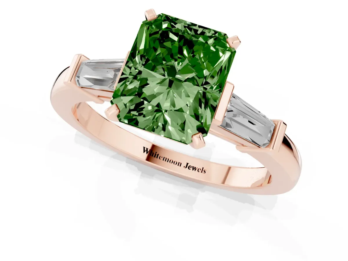 Fancy Green Radiant Cut Cut Diamond Solitaire Ring with Tapered Baguette Accents and Four-Prong Setting Rose gold
