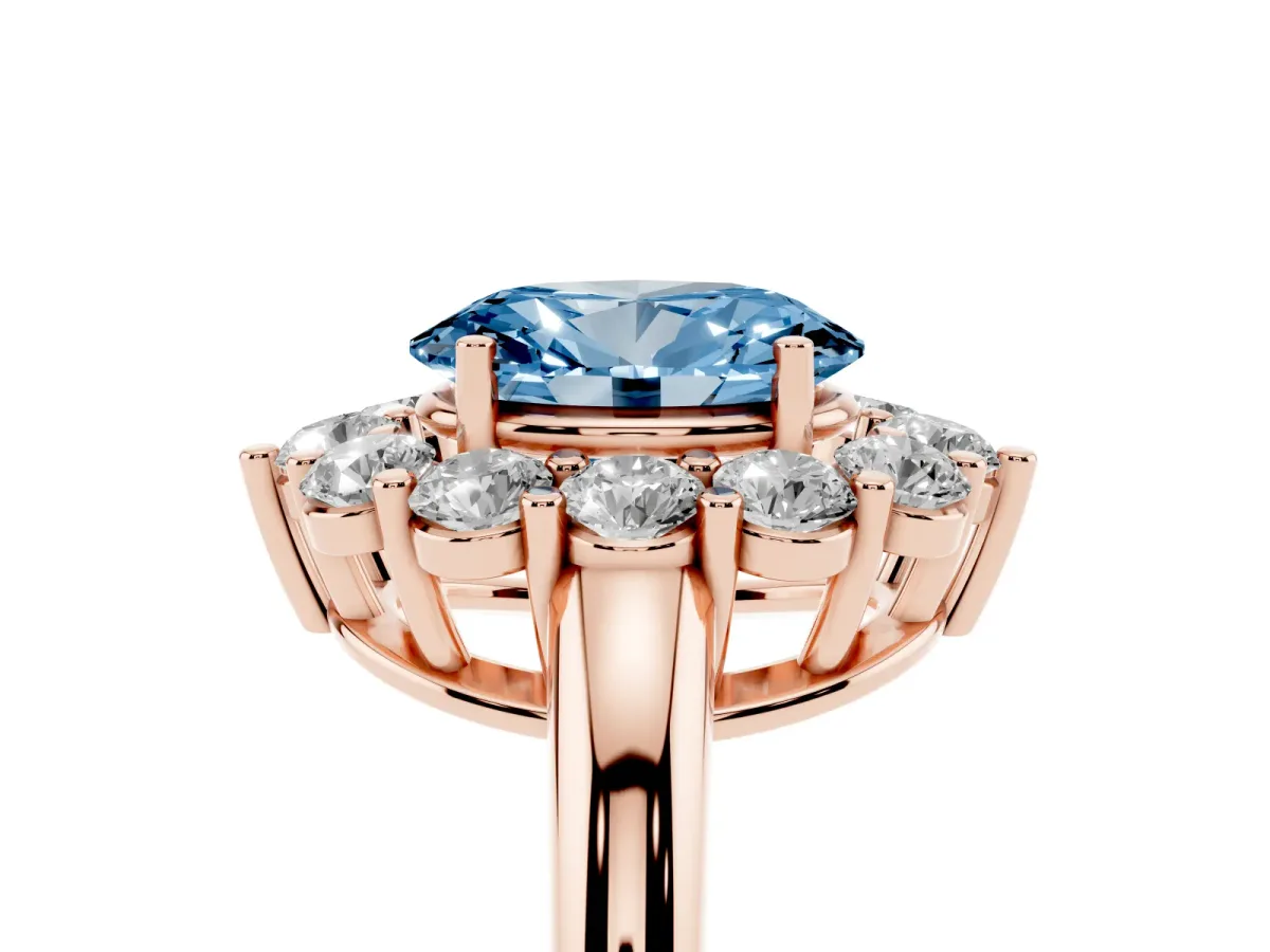 Fancy Blue Oval Cut Halo Cluster Diamond Engagement Ring with Prong Setting and Polished Band Rose gold