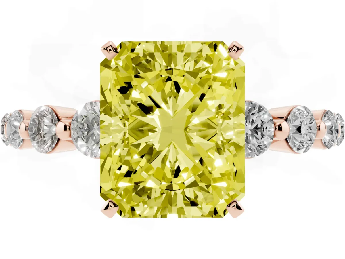 Fancy Yellow Radiant Cut Solitaire Diamond Ring with Pave Band and Four-Prong Setting Rose gold