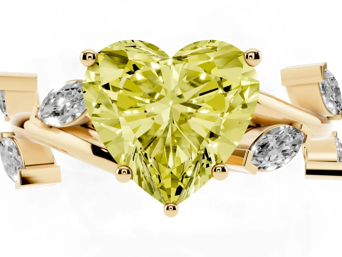 Fancy Yellow Heart Cut Solitaire Twisted Band Marquise Accent Prong Setting Ring Yellow gold
