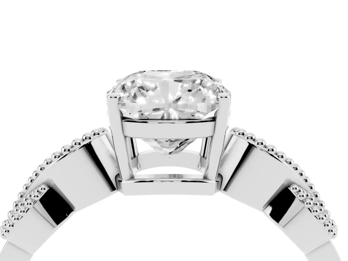 Cushion Cut Solitaire Milgrain Leaf Band with Prong Setting White gold
