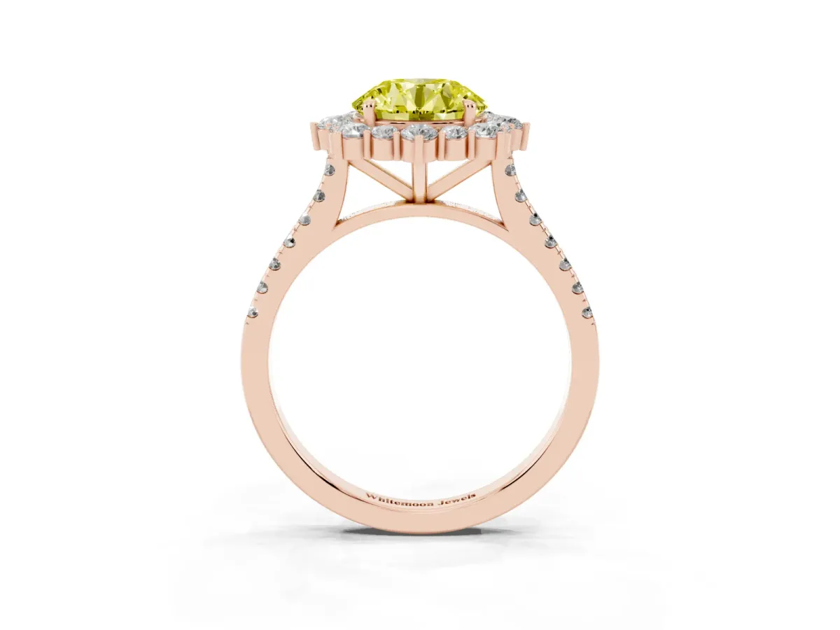 Fancy Yellow Round Cut Halo Diamond Ring with Pavé Band and Prong Setting Rose gold