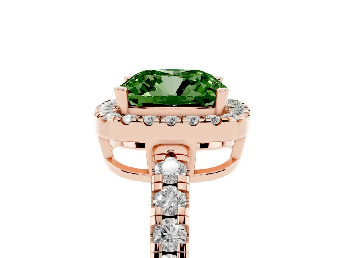 Fancy Green Cushion Cut Diamond Halo Ring with Pavé Band and Four-Prong Setting Rose gold