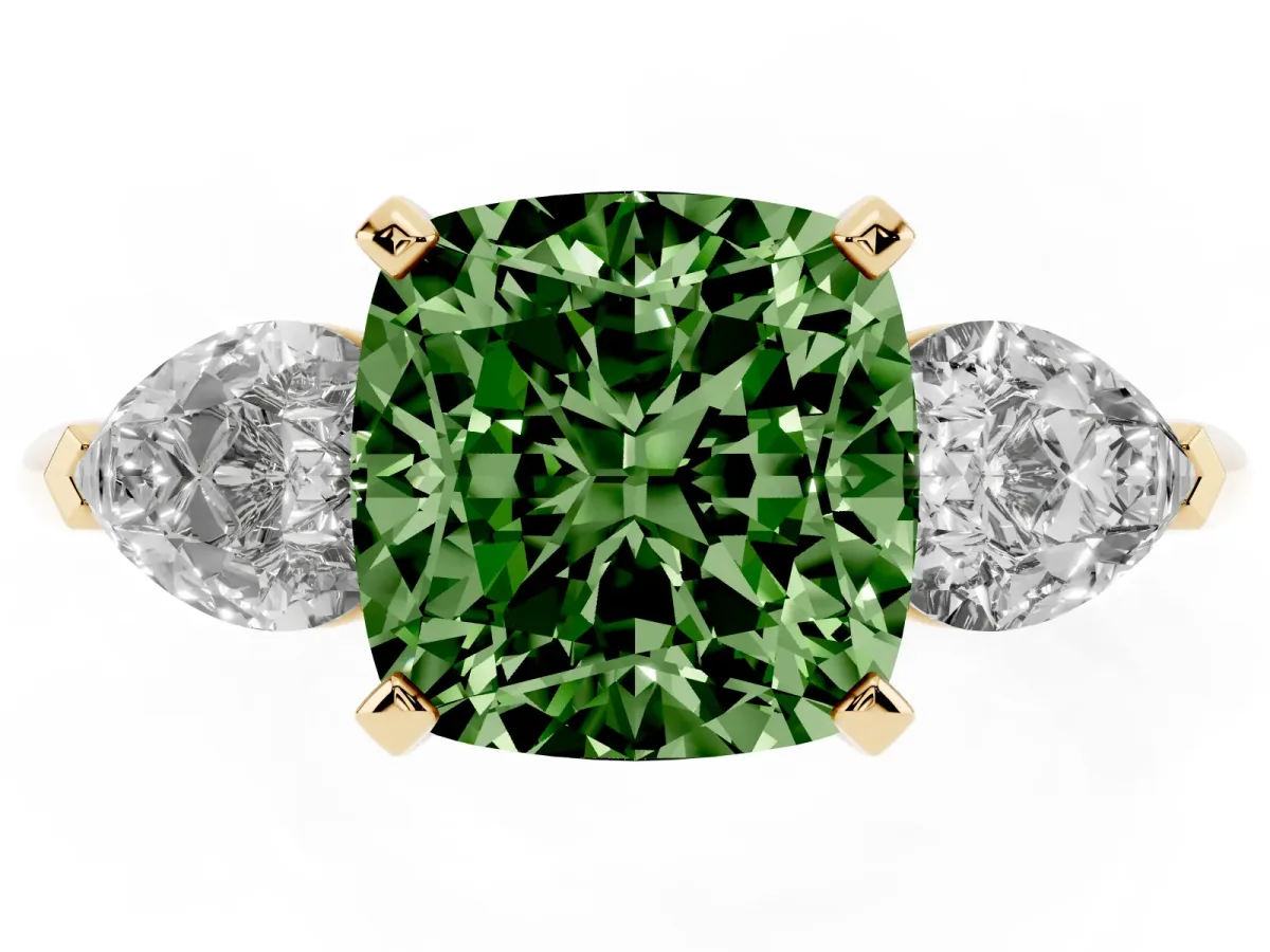Fancy Green Three-Stone Cushion Cut Diamond Ring with Pear Side Stones and Four-Prong Setting Yellow gold