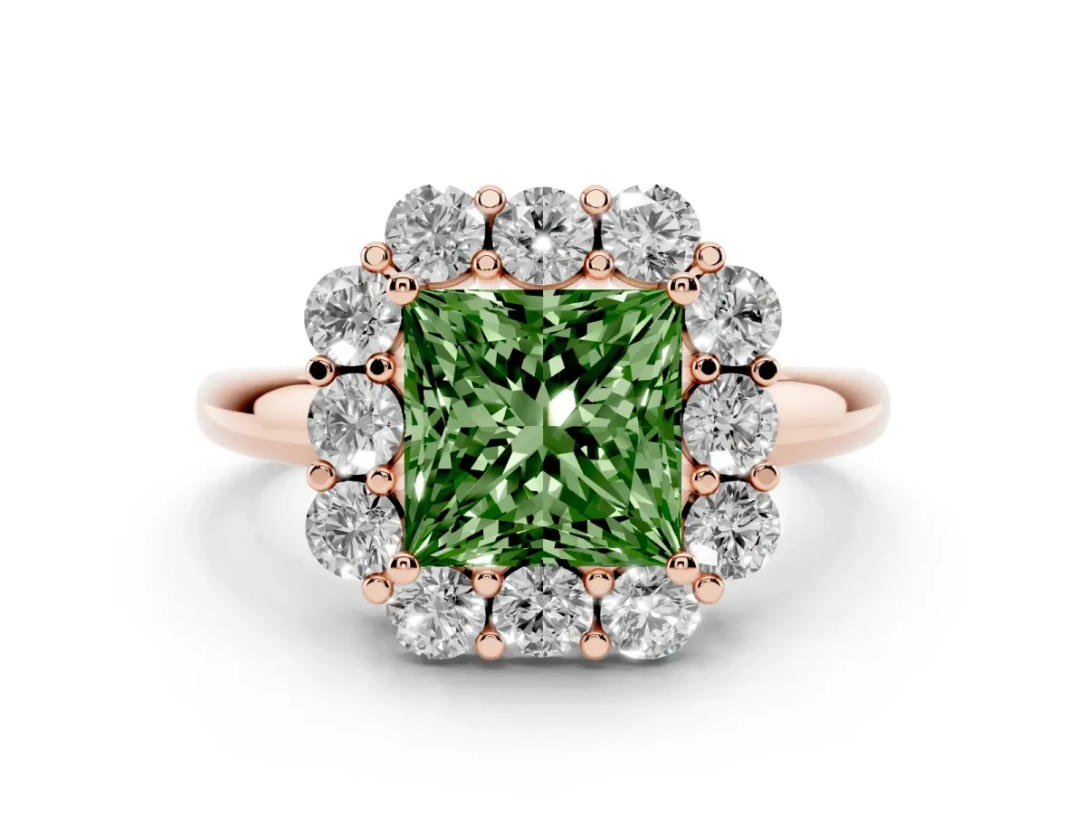 Fancy Green Princess Cut Halo Milgrain Solitaire with Bezel Set Side Stones and Pave Band Rose gold