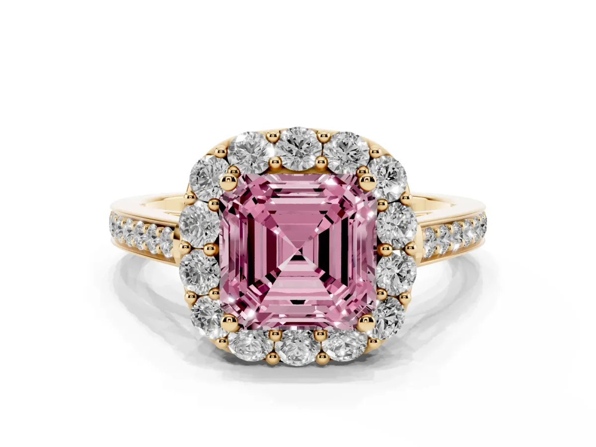 Fancy Pink Asscher Cut Diamond Floral Halo Ring with Pavé Band and Prong Setting Yellow gold