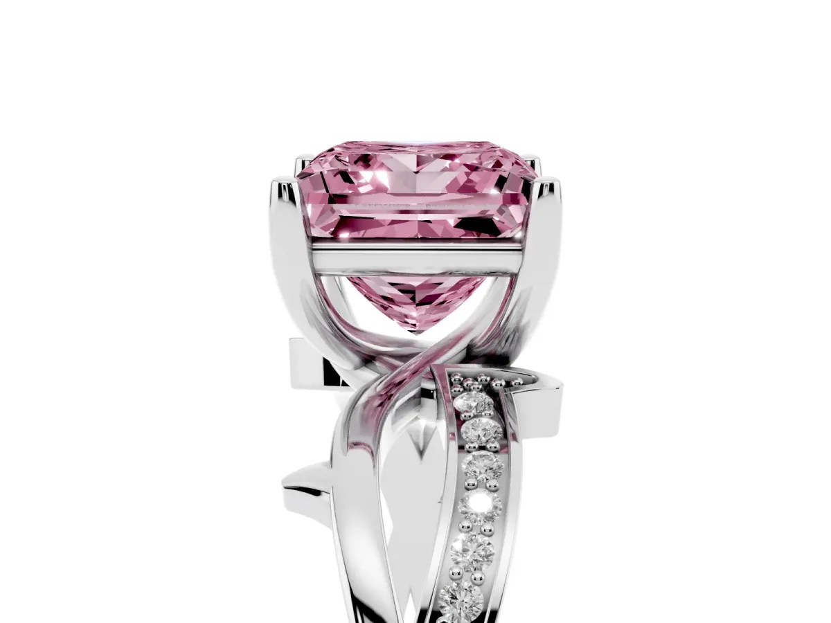 Fancy Pink Princess Cut Solitaire Twist Band with Pavé Accents and Four-Prong Setting White gold