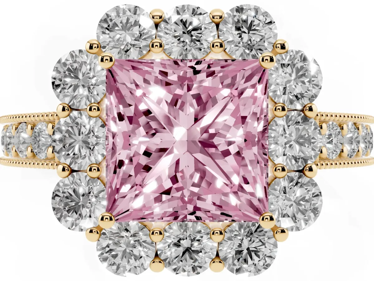 Fancy Pink Princess Cut Cut Halo Diamond Pavé Engagement Ring with Milgrain Detailing Yellow gold