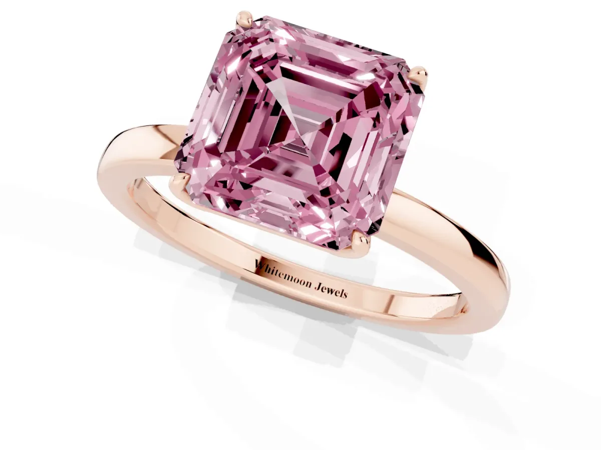 Fancy Pink Asscher Cut Diamond Solitaire Ring with Thin Band and Prong Setting Rose gold