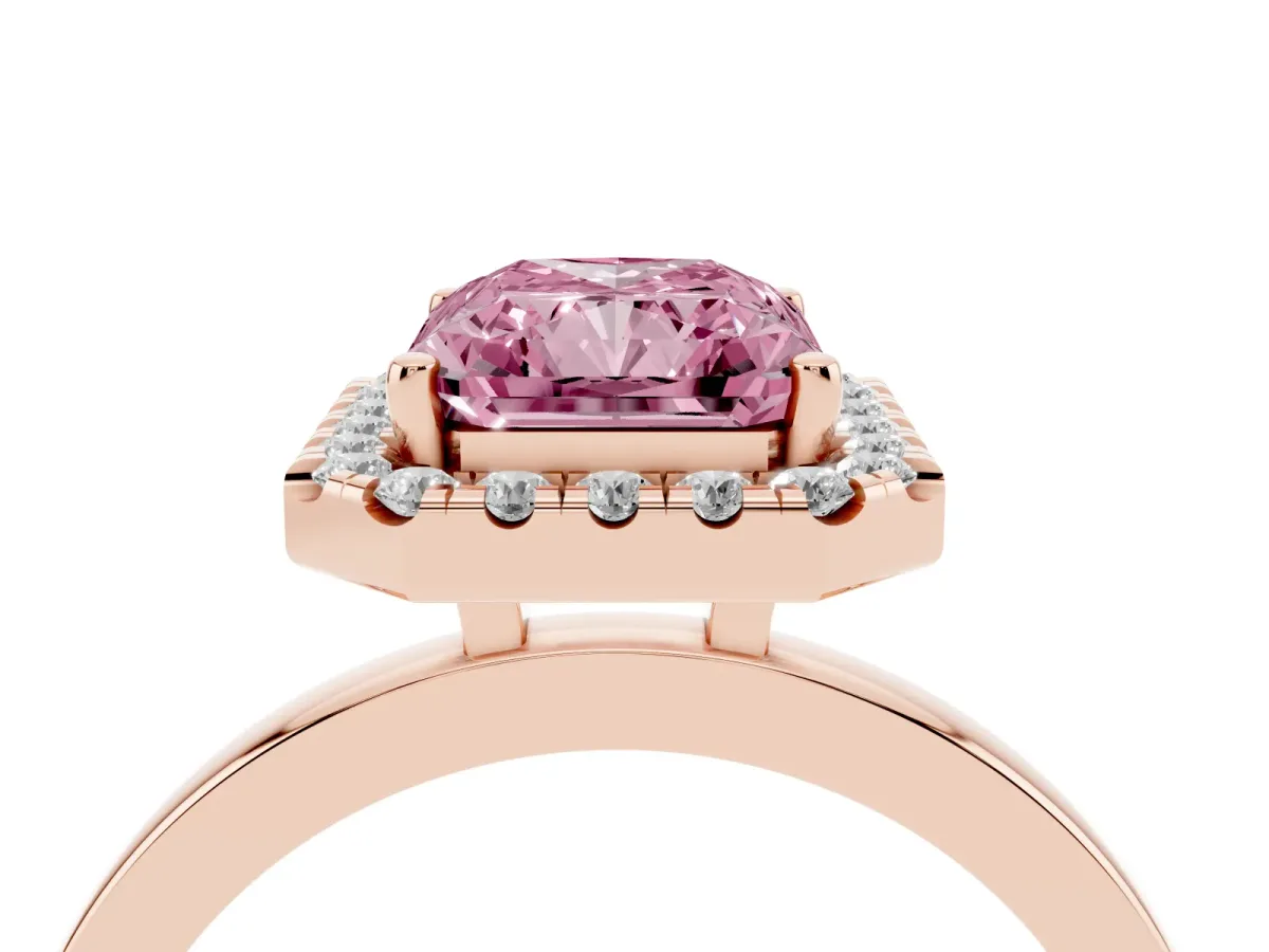 Fancy Pink Radiant Cut Halo Diamond Solitaire with Pavé Band and Four-Prong Setting Rose gold
