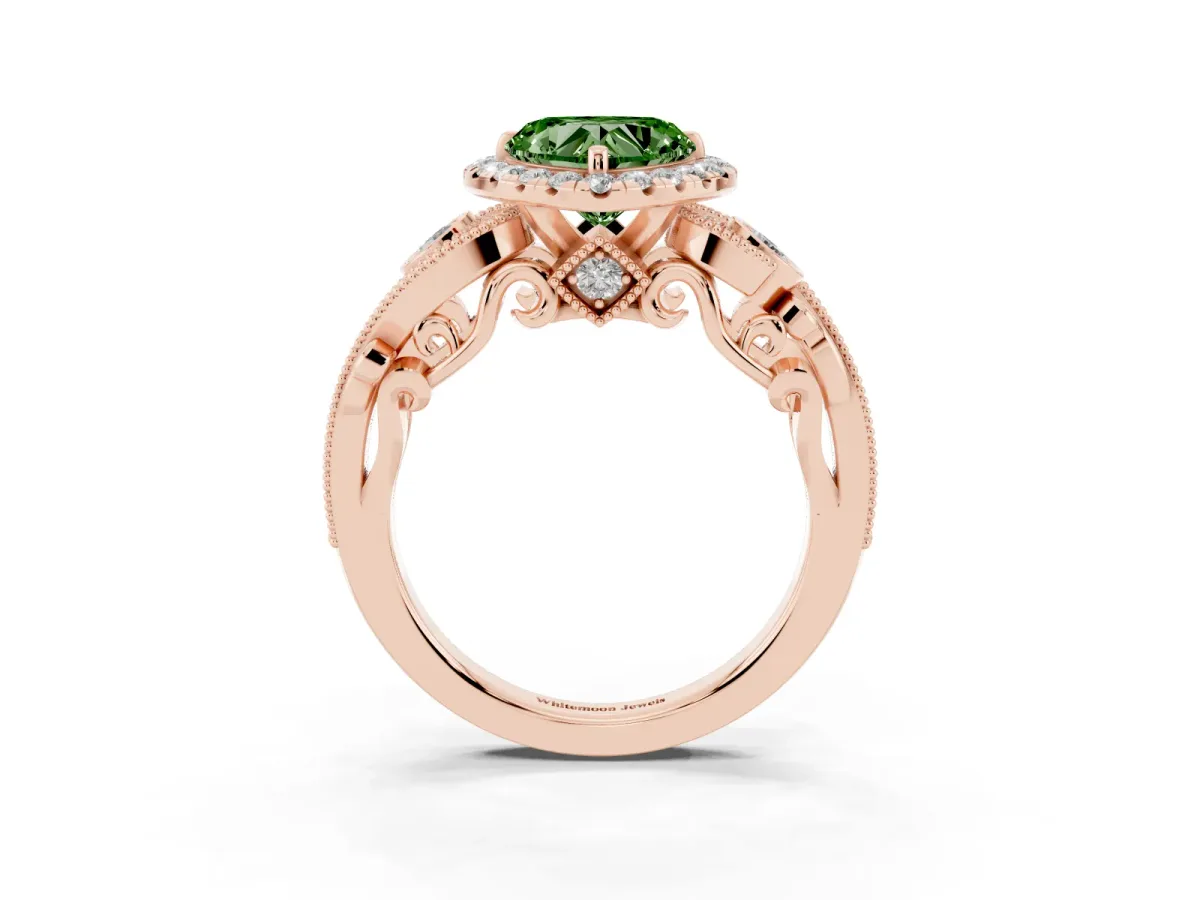 Fancy Green Heart Cut Diamond Halo Ring with Milgrain Pavé Band and Four-Prong Setting Rose gold