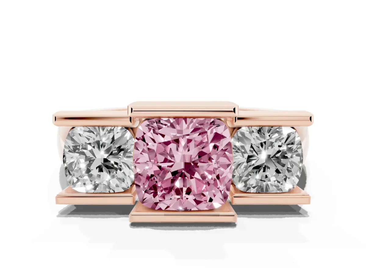 Fancy Pink Three Stone Cushion Cut Cut Channel Set Diamond Ring Rose gold