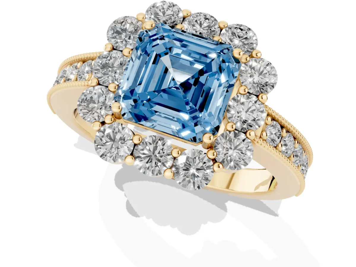 Fancy Blue Asscher Cut Cut Halo Diamond Pavé Engagement Ring with Milgrain Detailing Yellow gold