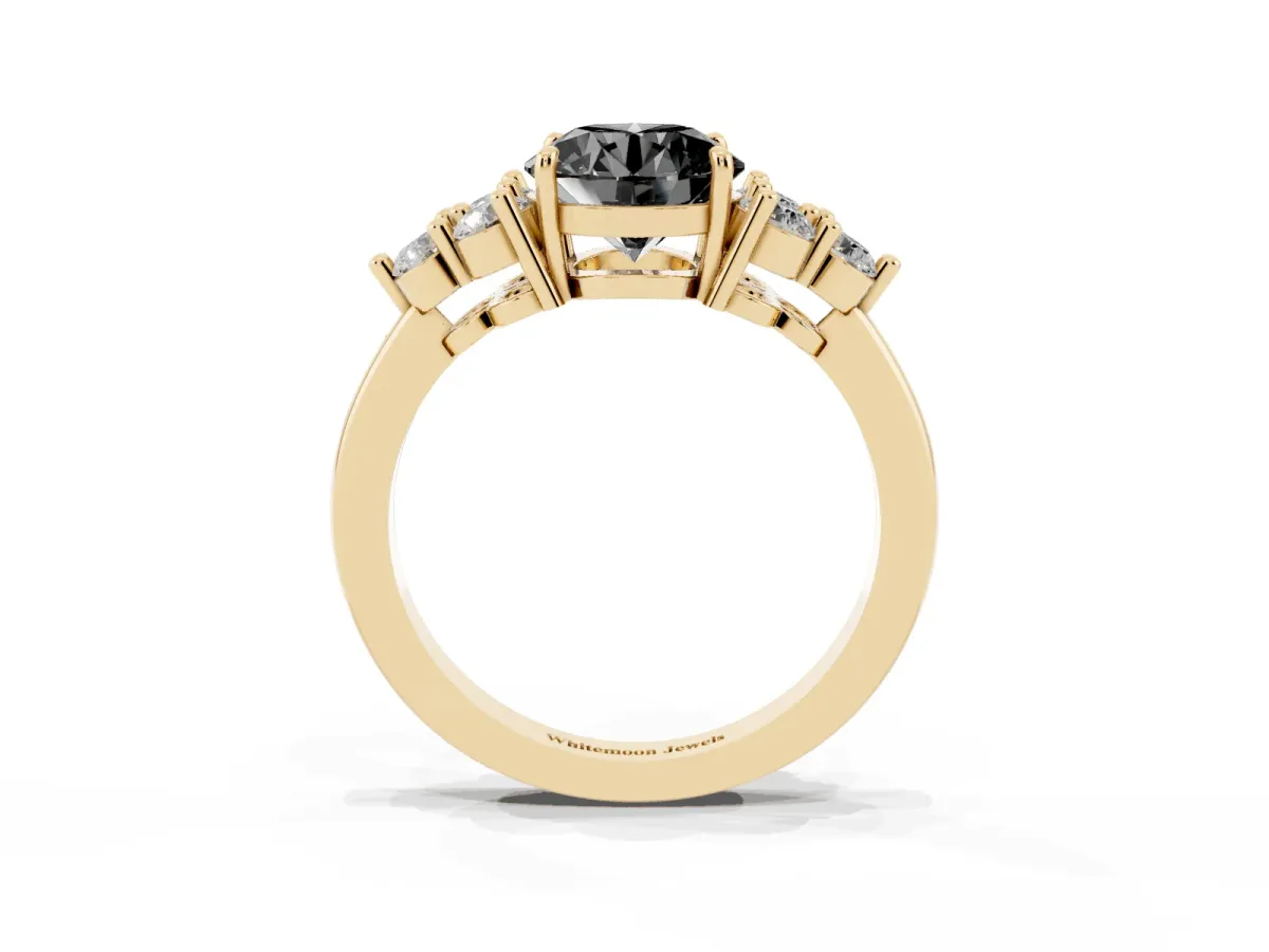 Fancy Black Round Cut Brilliant Diamond Cluster Accent Solitaire Ring with Prong Setting Yellow gold