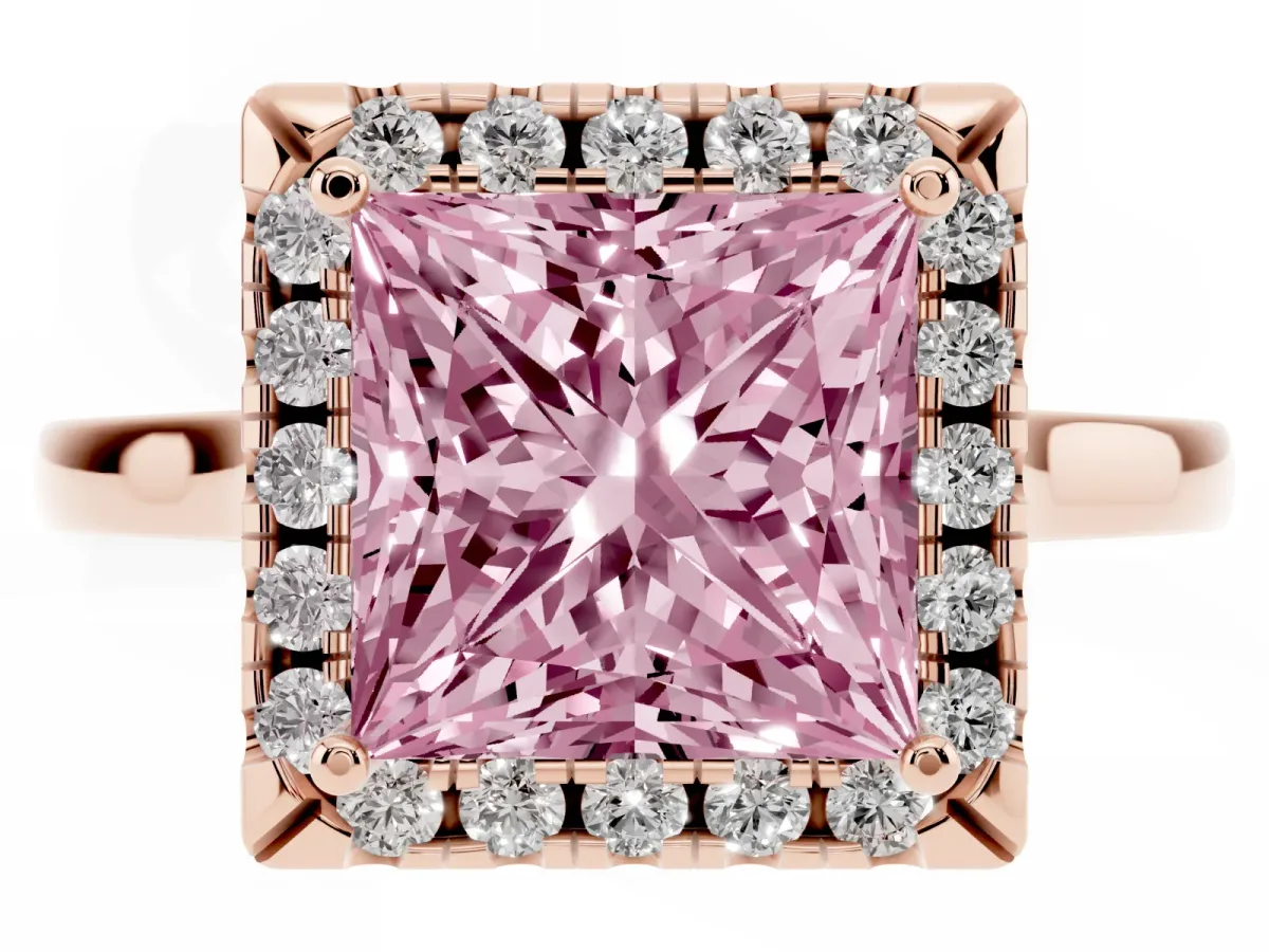 Fancy Pink Princess Cut Halo Round Diamond Solitaire Ring with Pavé Band and Four-Prong Setting Rose gold