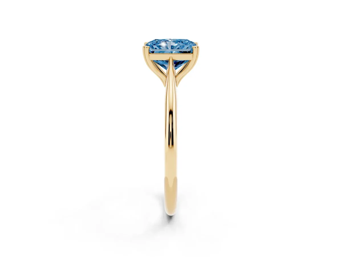 Fancy Blue Radiant Cut Solitaire Diamond Ring with Six-Prong Setting and Classic Band Yellow gold