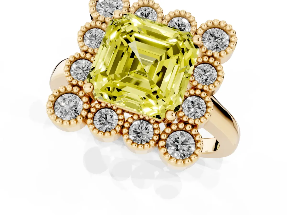 Fancy Yellow Asscher Cut Halo Diamond Cluster Engagement Ring with Milgrain Bezel Setting and Solitaire Band Yellow gold