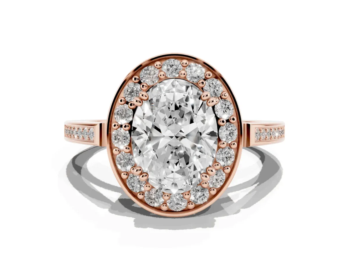 Oval Cut Diamond Halo Ring with Split Shank and Four-Prong Setting Rose gold