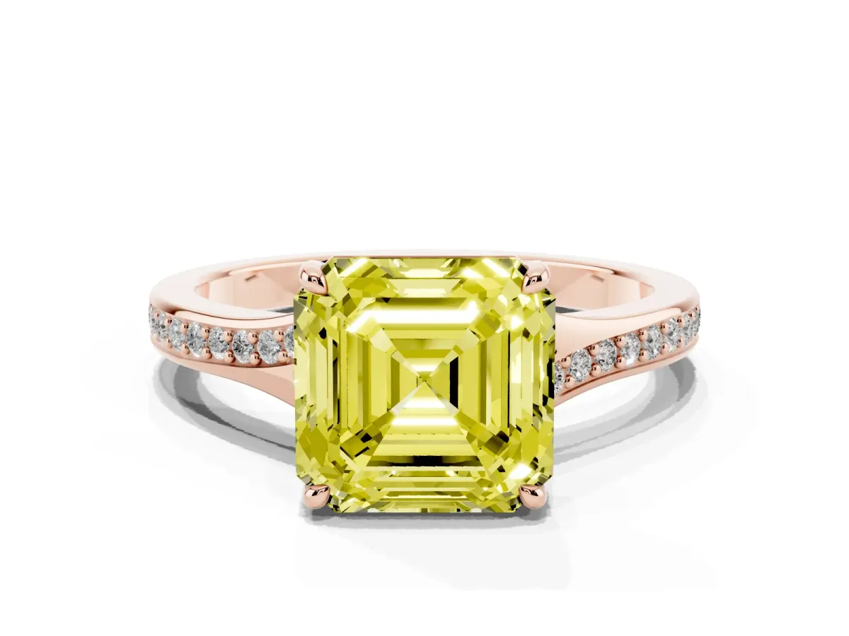 Fancy Yellow Asscher Cut Diamond Solitaire Ring with Pavé Band and Prong Setting Rose gold