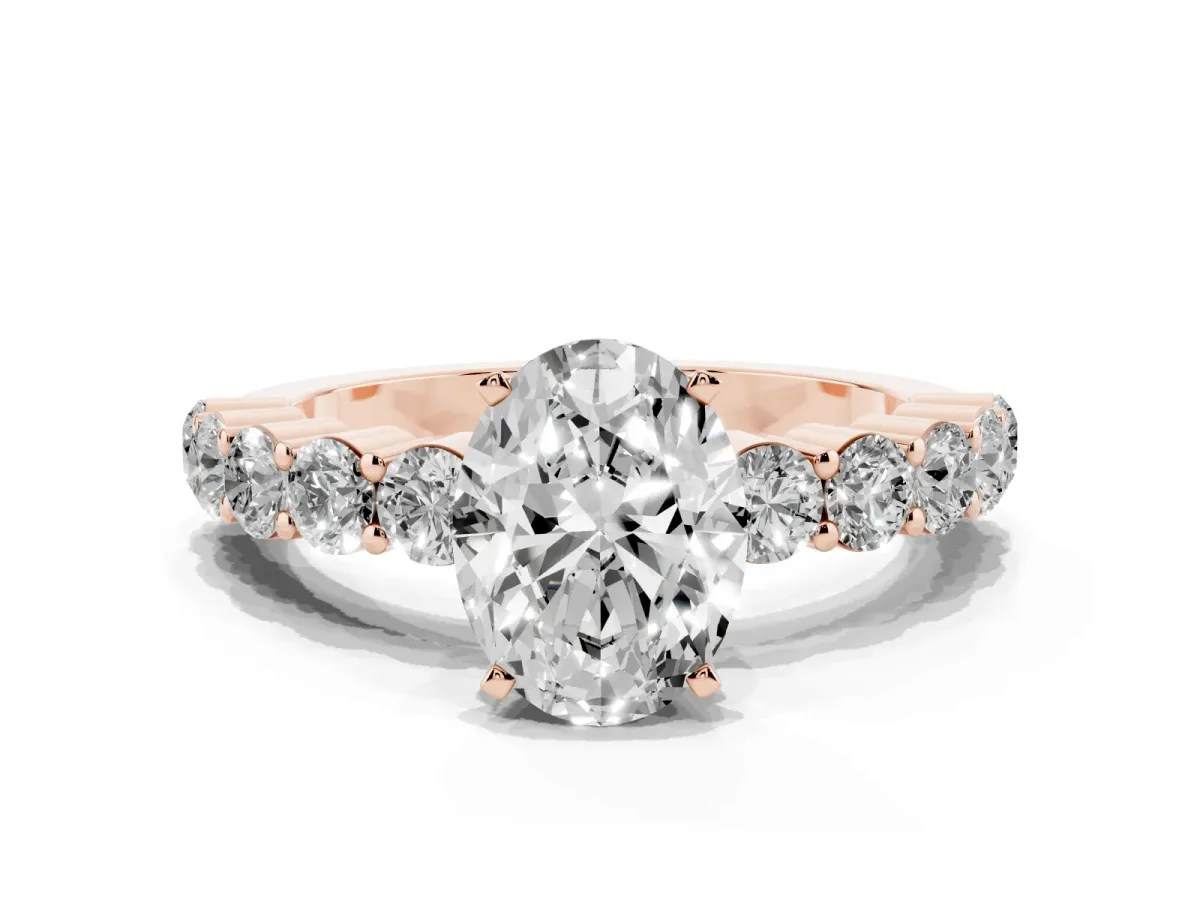 Oval Cut Diamond Solitaire Ring with Shared Prong Round Side Stones Rose gold