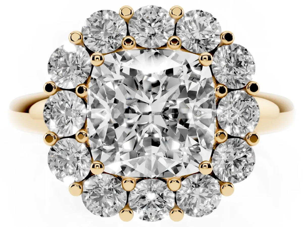 Cushion Cut Halo Cluster Diamond Engagement Ring with Prong Setting and Polished Band Yellow gold